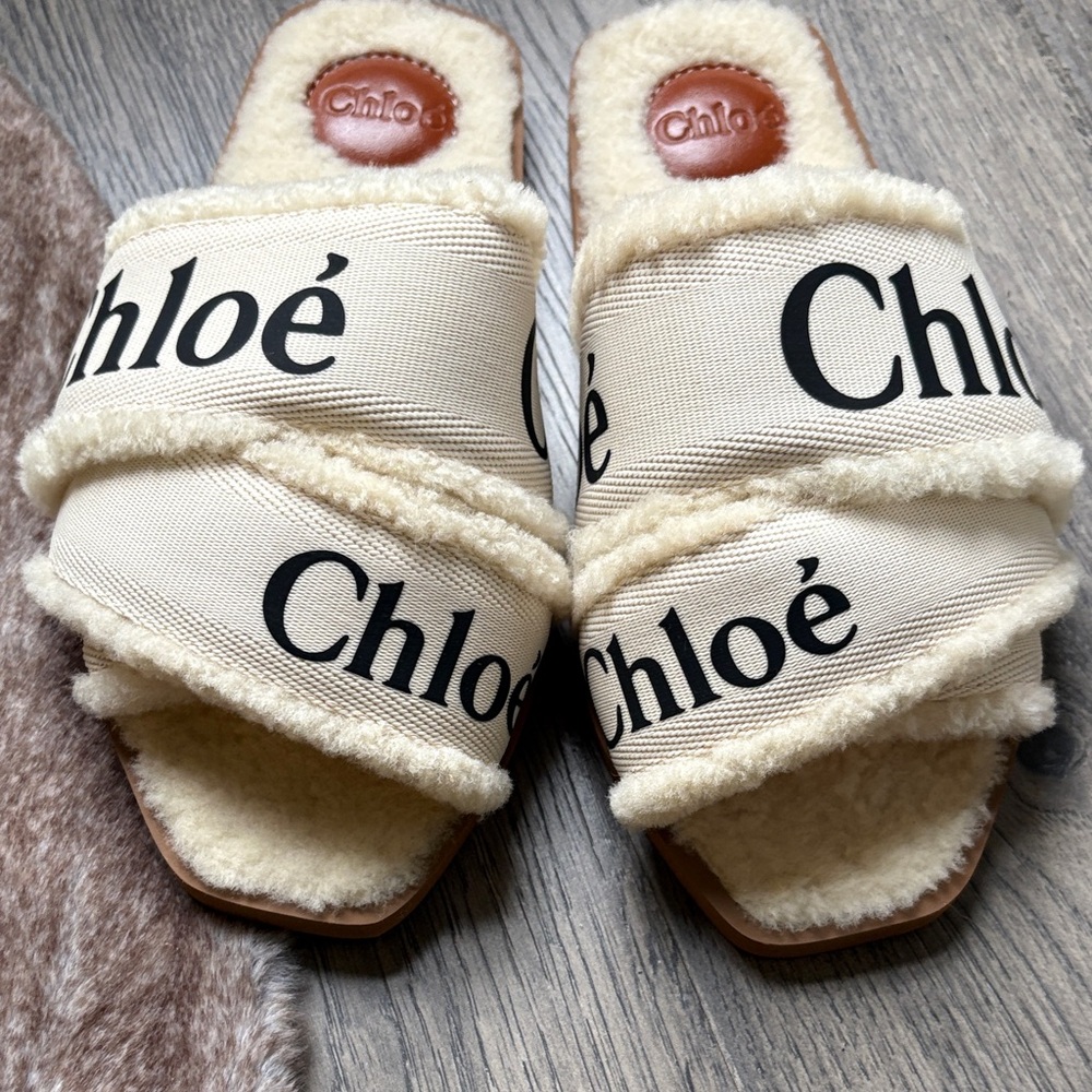 Chloe Beige and Black Logo flats